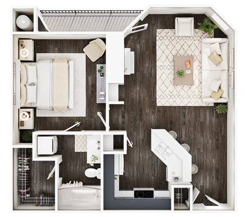 Floor plan for 1 bed, 1 bath, 697 sqft